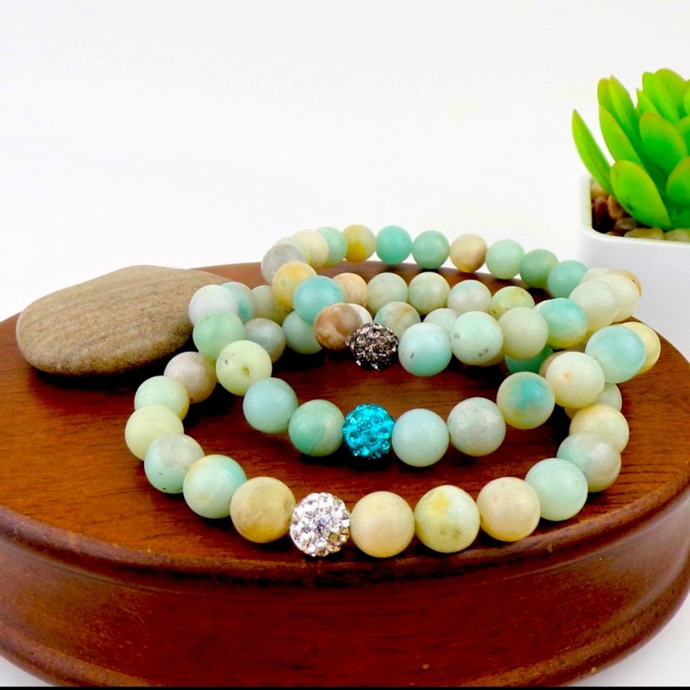 Set of 3 Amazonite /Blue Crystal Beaded Bracelet